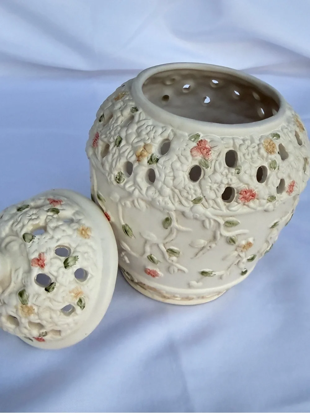 Floral Pierced Ceramic Ginger Jar with Lid | Vintage-Inspired Cottagecore Decor